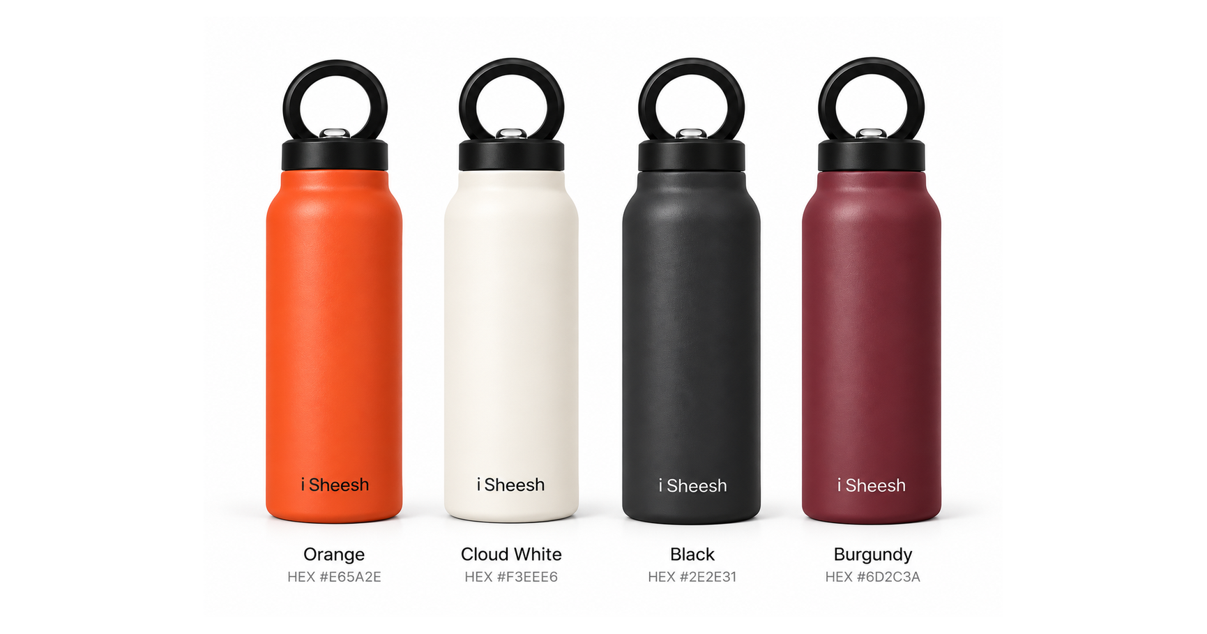 Four i Sheesh bottles in Solar Orange, Cloud White, Space Black, and Burgundy